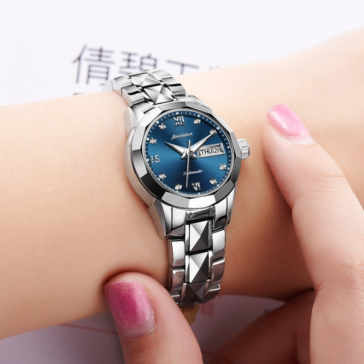 JIN SHI DUN 8813 Fashion Waterproof Luminous Automatic Mechanical Watch, Style:Women(Silver Blue) Eurekaonline