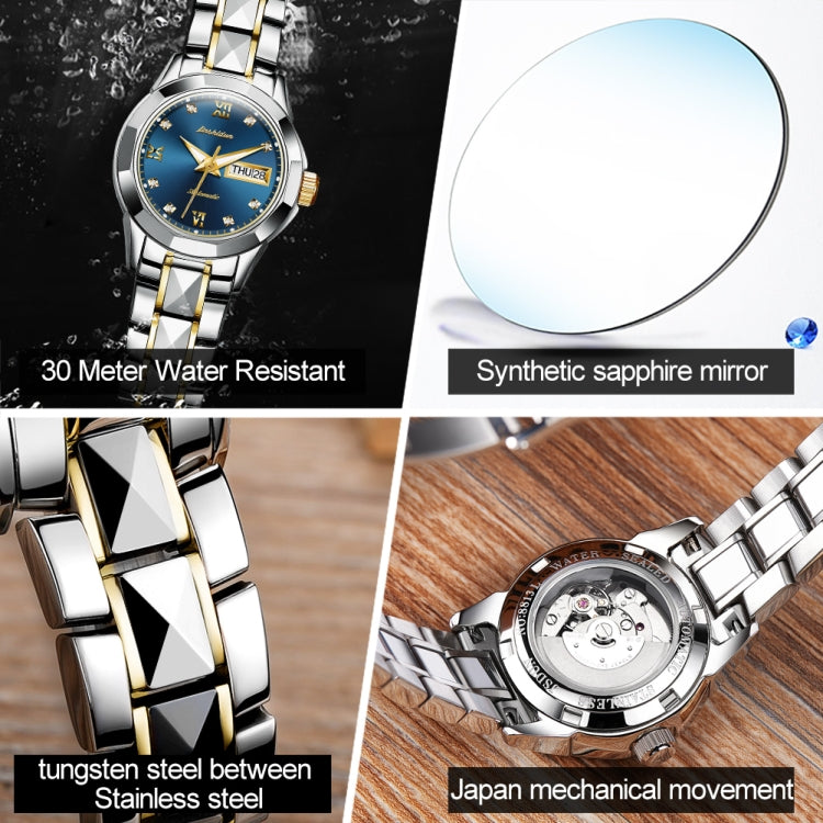 JIN SHI DUN 8813 Fashion Waterproof Luminous Automatic Mechanical Watch, Style:Women(Silver Gold Blue) Eurekaonline