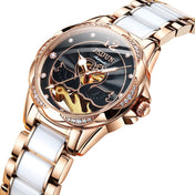 JIN SHI DUN 8831 Women Fashion Diamond Hollowed Waterproof Ceramic Mechanical Watch(Black) Eurekaonline