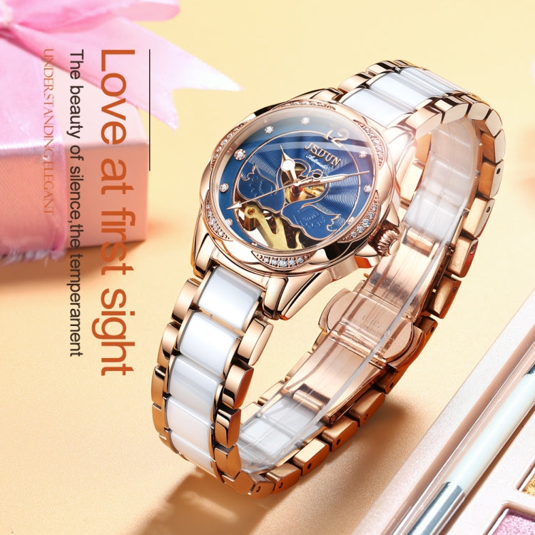 JIN SHI DUN 8831 Women Fashion Diamond Hollowed Waterproof Ceramic Mechanical Watch(Blue) Eurekaonline