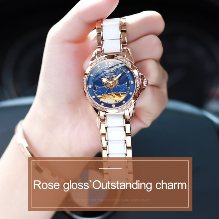 JIN SHI DUN 8831 Women Fashion Diamond Hollowed Waterproof Ceramic Mechanical Watch(Blue) Eurekaonline