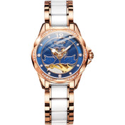 JIN SHI DUN 8831 Women Fashion Diamond Hollowed Waterproof Ceramic Mechanical Watch(Blue) Eurekaonline