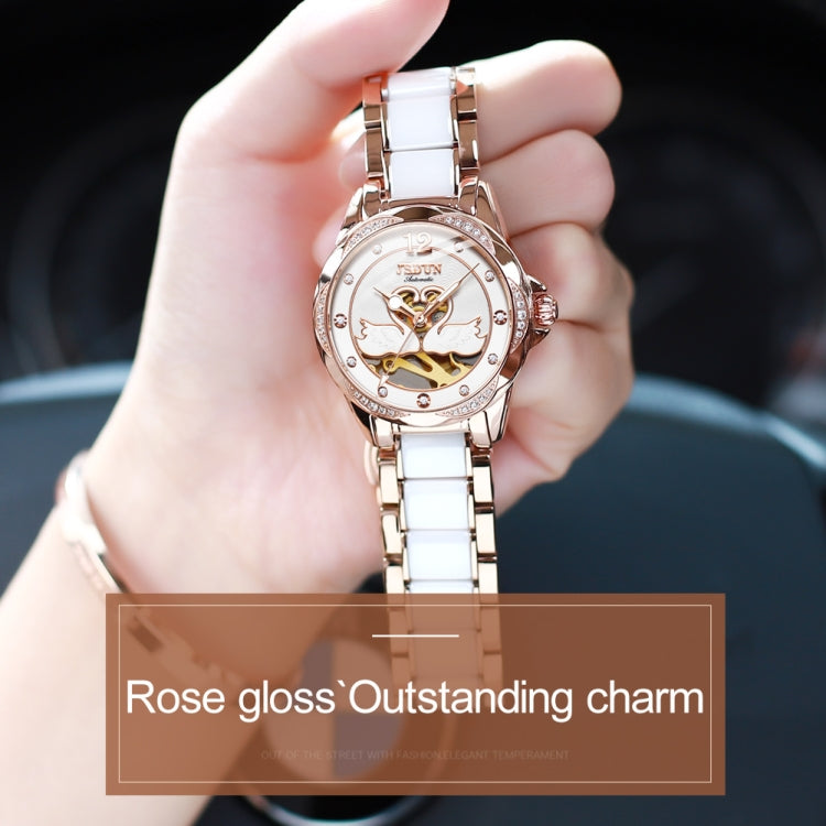 JIN SHI DUN 8831 Women Fashion Diamond Hollowed Waterproof Ceramic Mechanical Watch(White) Eurekaonline