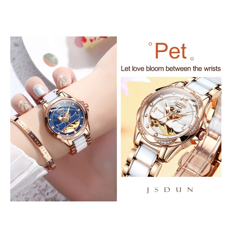 JIN SHI DUN 8831 Women Fashion Diamond Hollowed Waterproof Ceramic Mechanical Watch(White) Eurekaonline