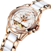 JIN SHI DUN 8831 Women Fashion Diamond Hollowed Waterproof Ceramic Mechanical Watch(White) Eurekaonline