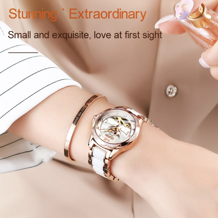 JIN SHI DUN 8831 Women Fashion Diamond Hollowed Waterproof Ceramic Mechanical Watch(White) Eurekaonline