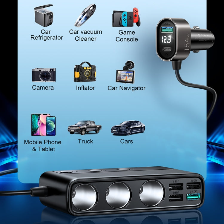 JOYROOM JR-CL06 9 in 1 154W PD USB-C / Type-C + Dual QC3.0 USB + 3 USB + 3 Cigarette Lighter Holes Digital Display Car Charger (Black) Eurekaonline