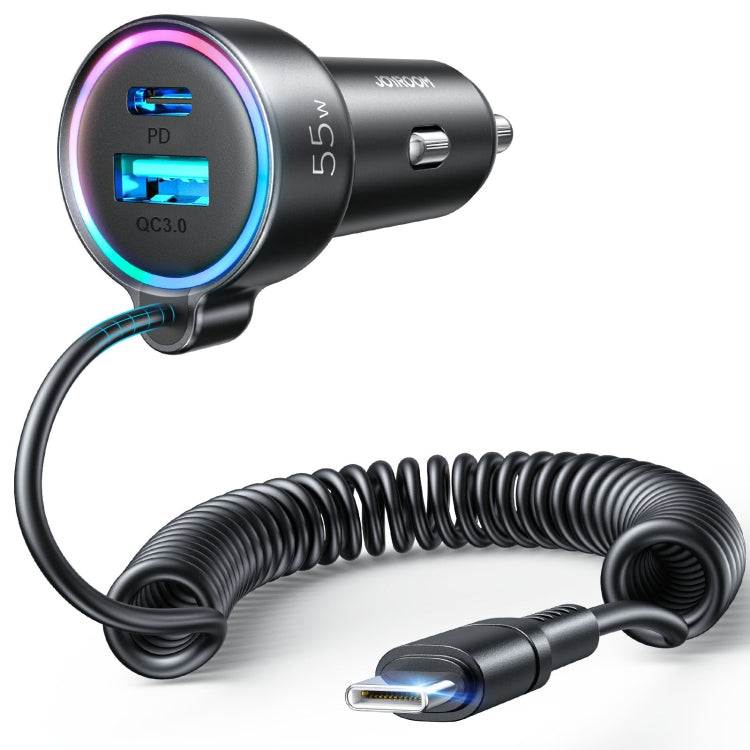 JOYROOM JR-CL07 3 in 1 55W PD USB-C / Type-C + USB Interface Car Charger with USB-C / Type-C Spring Data Cable(Black) Eurekaonline