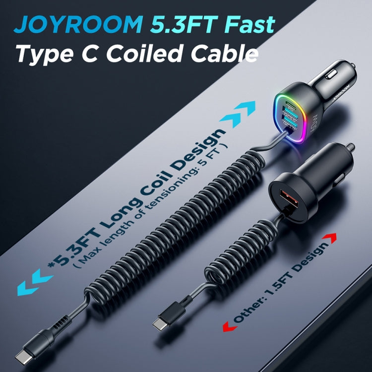 JOYROOM JR-CL19 60W 4 in 1 Car Charger with Type-C Coiled Data Cable(Black) Eurekaonline