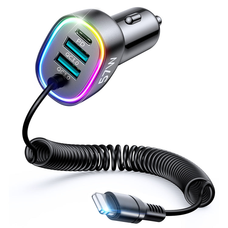 JOYROOM JR-CL20 57W 4 in 1 Car Charger with 8 Pin Coiled Data Cable(Black) Eurekaonline