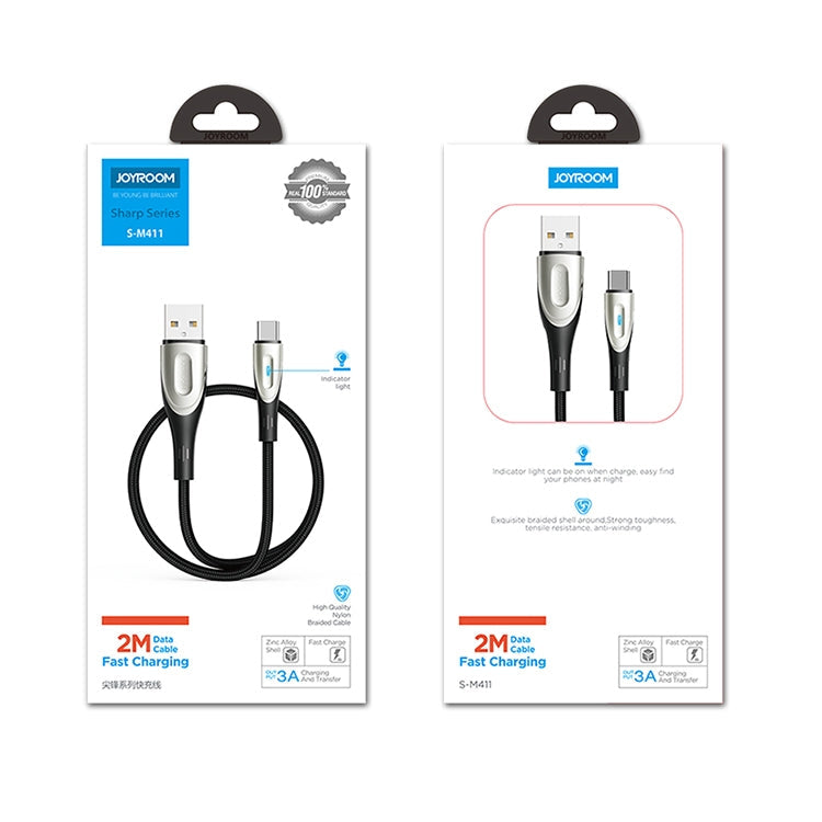 JOYROOM S-M411 Sharp Series 3A USB-C / Type-C Interface Charging + Transmission Nylon Braided Data Cable with Drop-shaped Indicator Light, Cable Length: 2m (Black) Eurekaonline