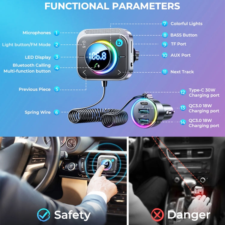 Joyroom JR-CL18 Car Charger Vehicle Bluetooth Transmitter Comes With Spring Line(Silver) Eurekaonline