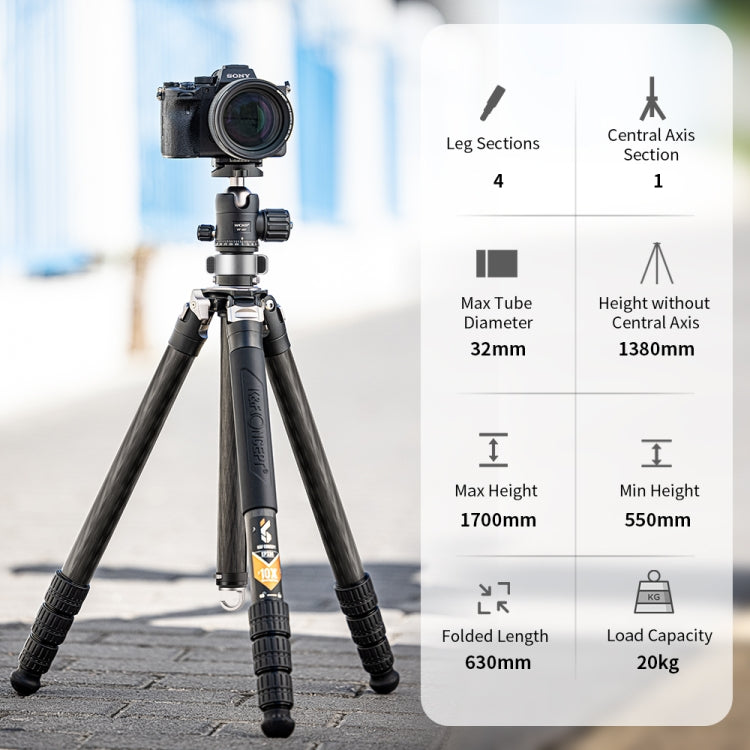 K&F CONCEPT KF09.102 Heavy Duty Tripod 20kg Load 32mm Leg Tube 1.7m Professional Carbon Fiber Tripod Eurekaonline