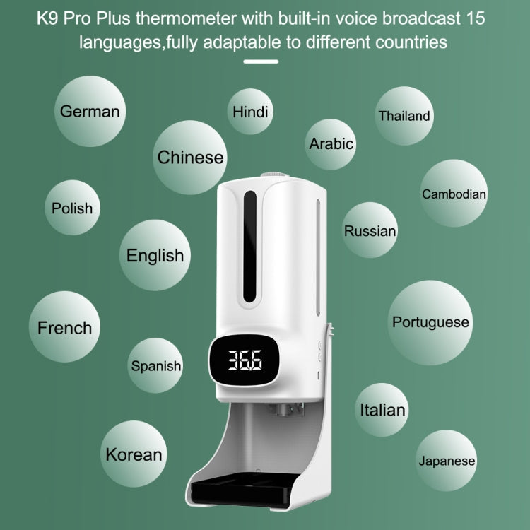 K9 Pro Plus Handsfree Non-contact Body Thermometer + 1000ml Automatic Non-contact Liquid Soap Dispenser with Base Mount, 15 Languages Voice Broadcast Eurekaonline