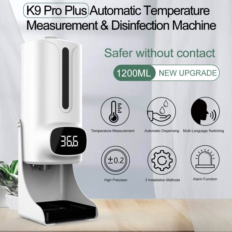 K9 Pro Plus Handsfree Non-contact Body Thermometer + 1000ml Automatic Non-contact Liquid Soap Dispenser with Base Mount, 15 Languages Voice Broadcast Eurekaonline