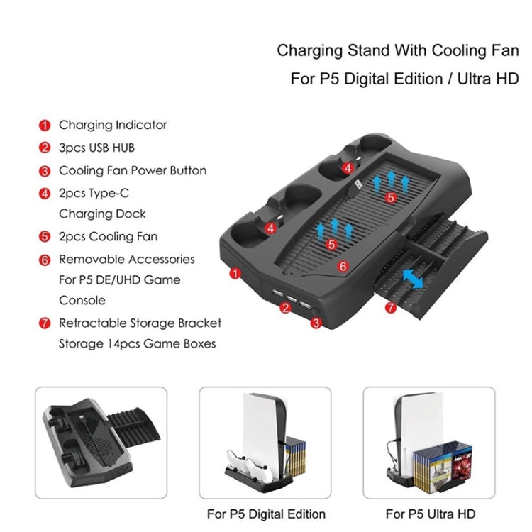 KJH P5-010-2 Multi-function Charging Cooling Fan Base with Storage Tray Bracket For PS5 De / UHD Eurekaonline