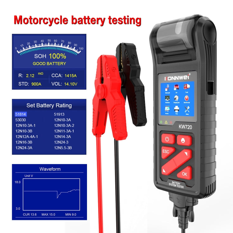 KONNWEI KW720 Car 3.2 inch 6V-24V Lead-acid Battery Tester with Printer Eurekaonline