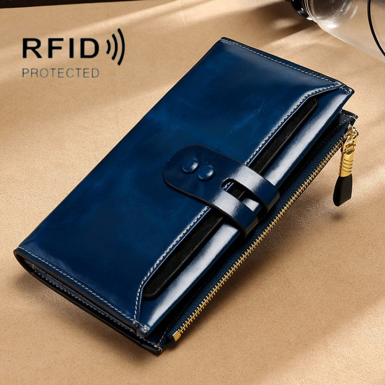 Leather Lady Wallet Multi-Card Slot Retro Oil Wax Leather Wallet Long Type RFID Anti-Theft Brush Clutch(Royal Blue) Eurekaonline