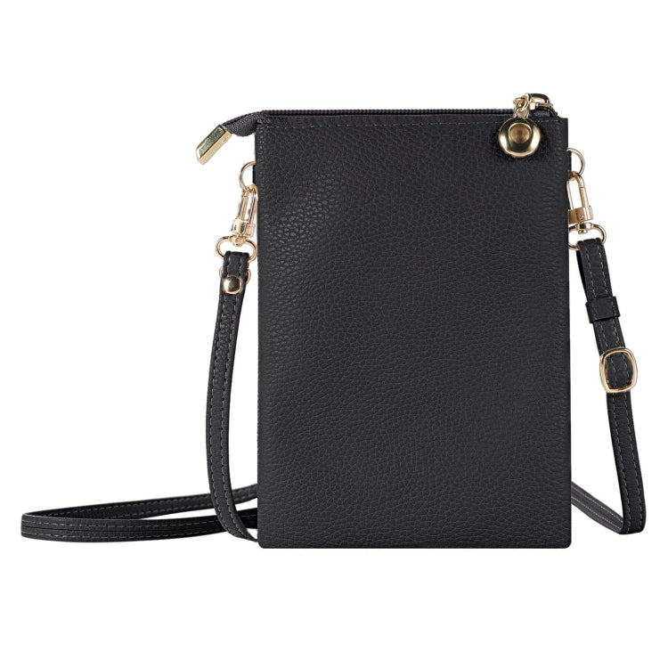 Litchi Texture Card Holder Mobile Phone Zipper Bag with Long Strap(Black) Eurekaonline