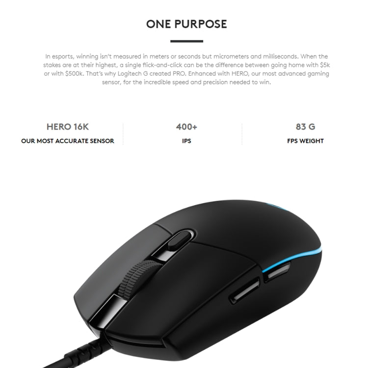 Logitech G Pro 16000DPI RGB Illumination Macro Programming Wired Optical Gaming Mouse, Length: 1.8m (Black) Eurekaonline