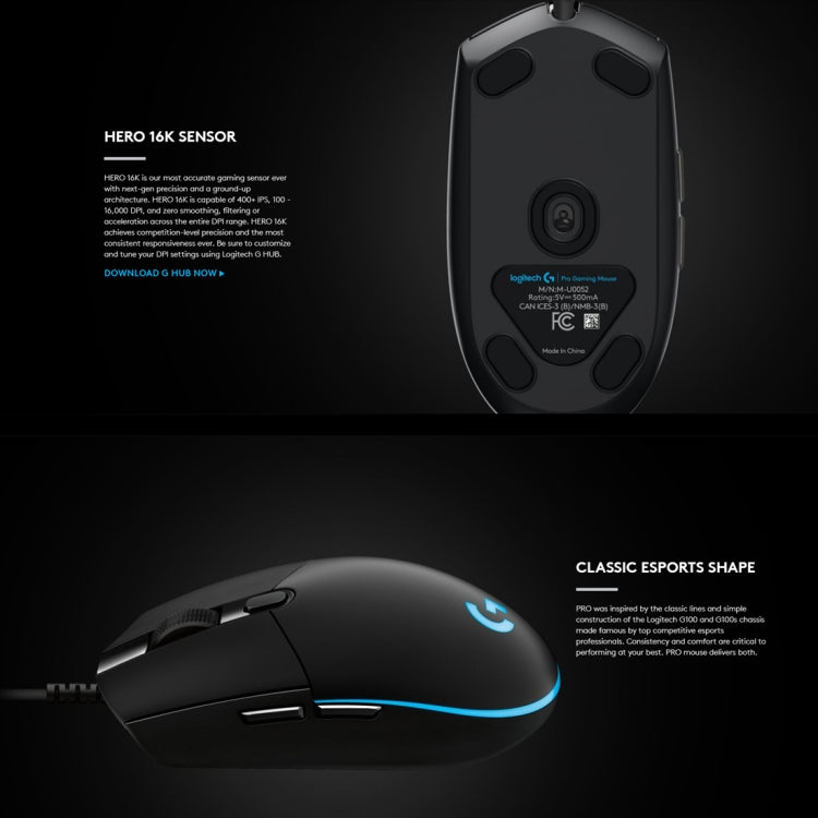 Logitech G Pro 16000DPI RGB Illumination Macro Programming Wired Optical Gaming Mouse, Length: 1.8m (Black) Eurekaonline