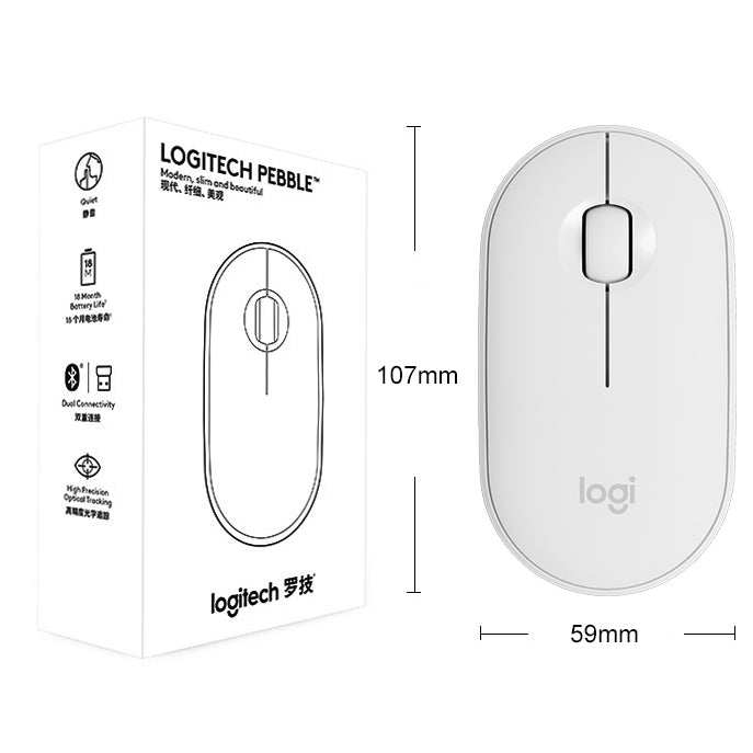 Logitech Pebble Cobblestone Shape Thin 3-keys 1000DPI Mute Wireless Bluetooth Optical Mouse, Wireless Range: 10m (White) Eurekaonline