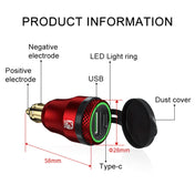 Motorcycle European-style Small-caliber Aluminum Alloy QC 3.0 + PD Fast Charge USB Charger, Shell Color:Red(Green Light) Eurekaonline