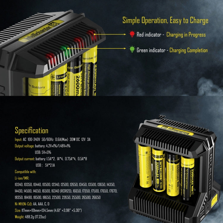 NITECORE 8-Slot High-Power Fast Lithium Battery Charger, Model: I8 Eurekaonline