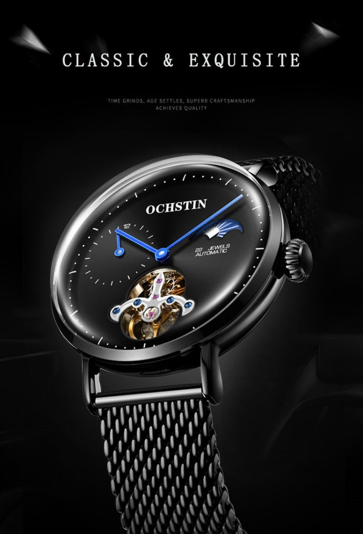 OCHSTIN 6121 Flywheel Mechanical Watch Fashion Hollow Full Automatic Mechanical Watch Business Men Watch Stainless Steel Watch  Waterproof Watch(Black) Eurekaonline