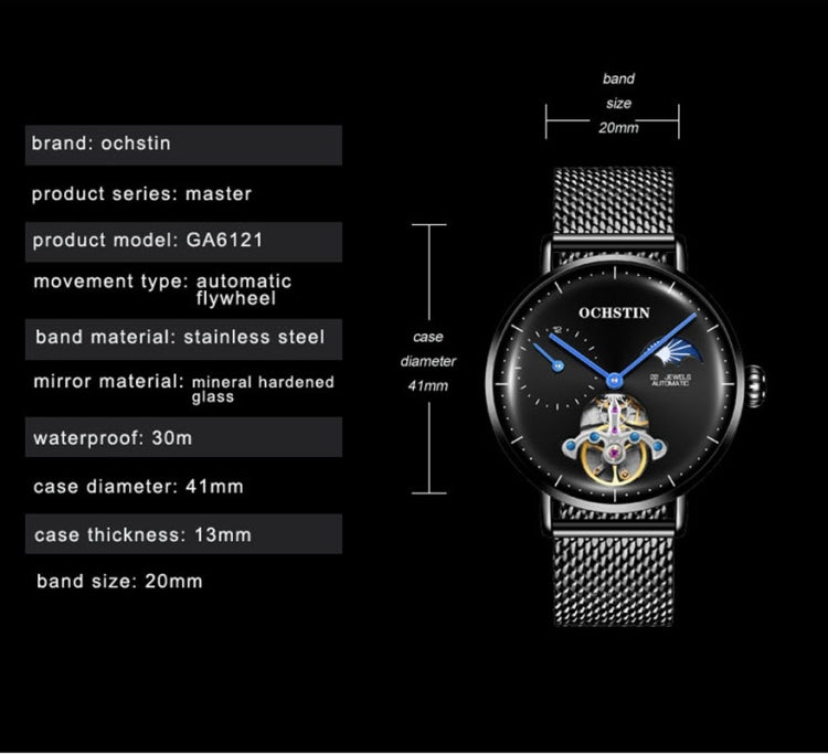 OCHSTIN 6121 Flywheel Mechanical Watch Fashion Hollow Full Automatic Mechanical Watch Business Men Watch Stainless Steel Watch  Waterproof Watch(Black) Eurekaonline