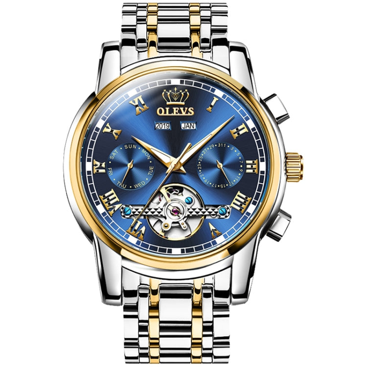 OLEVS 6607 Multi-function Men Big Flywheel Automatic Waterproof Mechanical Watch(Silver Gold Blue) Eurekaonline