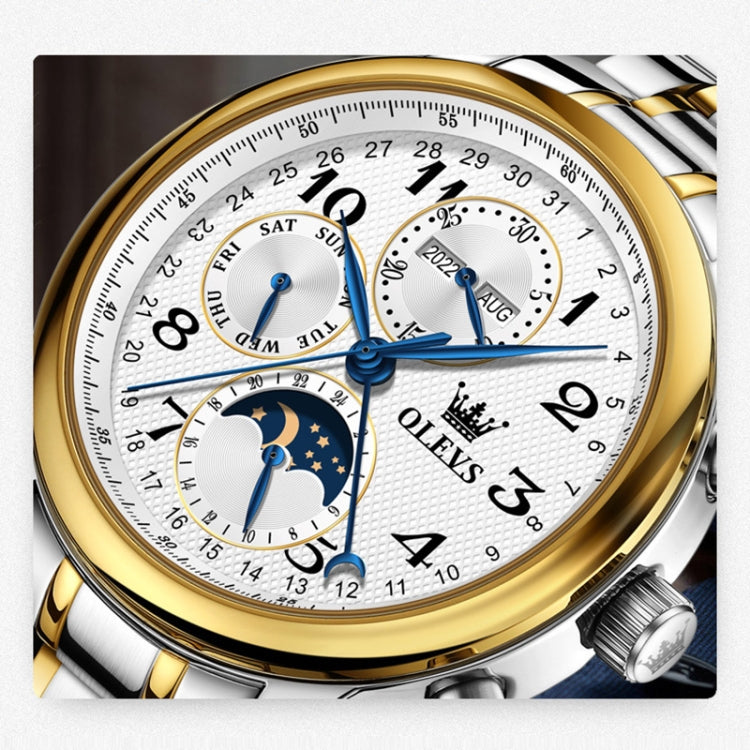 OLEVS 6667 Multifunction Waterproof Luminous Mechanical Men Watch(Steel Band+Gold White) Eurekaonline