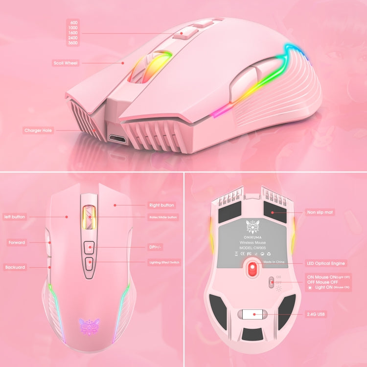 ONIKUMA CW905 2.4G RGB Lighting Wireless Mouse(Pink) Eurekaonline