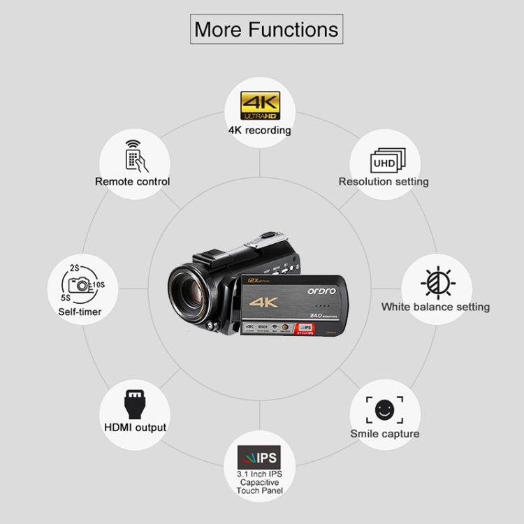 ORDRO AC5 4K HD Night Vision WiFi 12X Optical Zoom Digital Video DV Camera Camcorder, Style:Standard + Microphone(Black) Eurekaonline