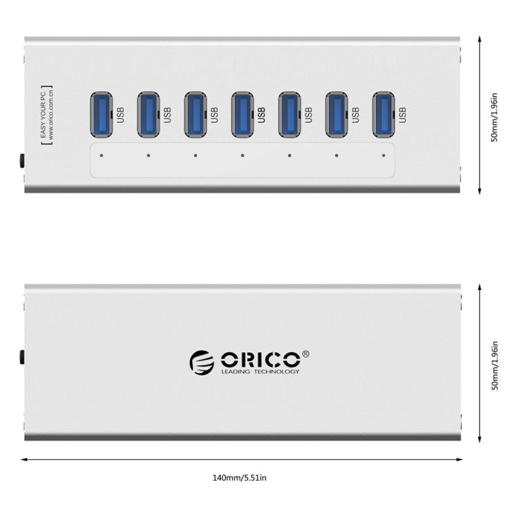 ORICO A3H7 Aluminum High Speed 7 Ports USB 3.0 HUB with 12V/2.5A Power Supply for Laptops(Silver) Eurekaonline
