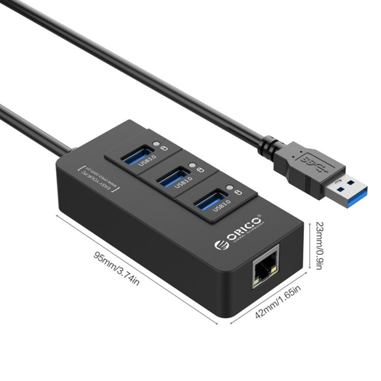 ORICO HR01-U3 ABS 3 Ports USB3.0 HUB Splitter with External RJ45 Gigabit Ethernet Network Card 5 Gbps for Laptops / Desktop / Ultrabook etc.(Black) Eurekaonline