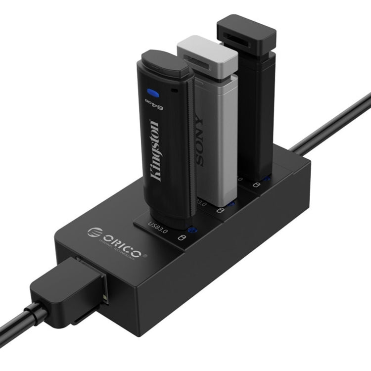 ORICO HR01-U3 ABS 3 Ports USB3.0 HUB Splitter with External RJ45 Gigabit Ethernet Network Card 5 Gbps for Laptops / Desktop / Ultrabook etc.(Black) Eurekaonline