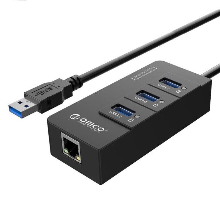 ORICO HR01-U3 ABS 3 Ports USB3.0 HUB Splitter with External RJ45 Gigabit Ethernet Network Card 5 Gbps for Laptops / Desktop / Ultrabook etc.(Black) Eurekaonline