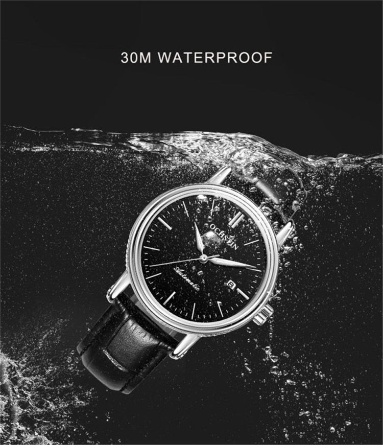 Ochstin 2024 Automatic Mechanical Watch Men Waterproof Calendar Leather Business Mechanical Men Watch(Silver Black) Eurekaonline