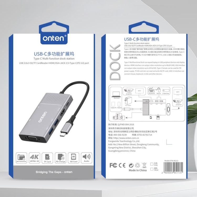 Onten 95113 8 In 1 USB 3.0 x2 + SD / TF + HDMI / VGA + 3.5mm Jack + Type-C / USB-C (PD 3.0) Multi-function HUB Converter Dock Station Eurekaonline