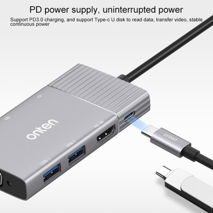 Onten 95113 8 In 1 USB 3.0 x2 + SD / TF + HDMI / VGA + 3.5mm Jack + Type-C / USB-C (PD 3.0) Multi-function HUB Converter Dock Station Eurekaonline