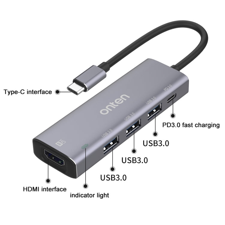 Onten OT-95123 5 in 1 Multifunctional Type-C + USB + HDMI Docking Station, Cable Length: 145mm(Silver) Eurekaonline