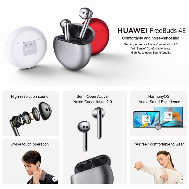 Original Huawei FreeBuds 4E Wireless Earphone T0008 Bluetooth Active Noise Reduction Earphone (Silver) Eurekaonline