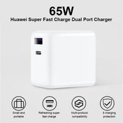 Original Huawei USB + USB-C / Type-C Interface Super Fast Charge GaN Dual Port Charger (Max 65W) (White) Eurekaonline