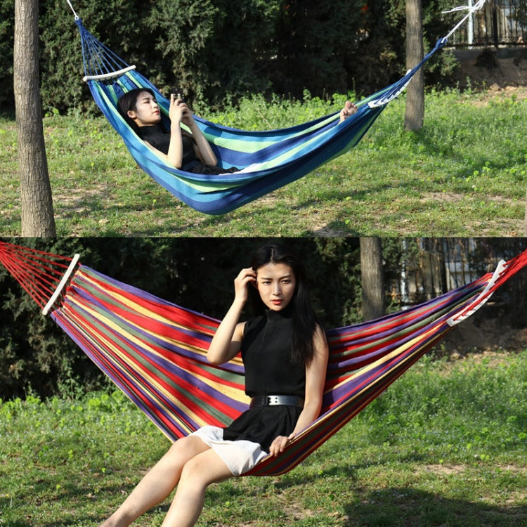 Outdoor Rollover-resistant Double Person Canvas Hammock Portable Beach Swing Bed with Wooden Sticks, Size: 190 x 150cm(Blue) Eurekaonline