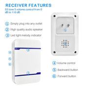 P7 110dB Wireless IP55 Waterproof Low Power Consumption WiFi Doorbell Receiver with Night Light , 53 Music Options, Receiver Distance: 300m (White) Eurekaonline