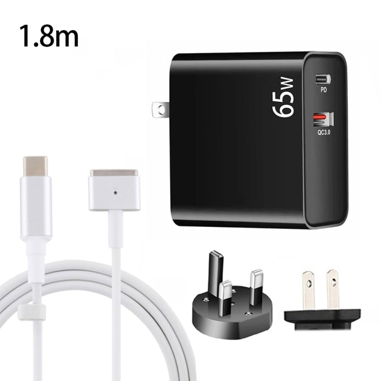 PD-65W USB-C / Type-C + QC3. 0 USB Laptop Charging Adapter + 1.8m USB-C / Type-C to MagSafe 2 / T Head Data Cable, UK Plug / US Plug(Black) Eurekaonline