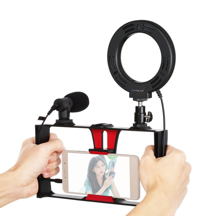 PULUZ 3 in 1 Vlogging Live Broadcast Smartphone Video Rig + Microphone +  4.7 inch 12cm Ring LED Selfie Light Kits with Cold Shoe Tripod Head for iPhone, Galaxy, Huawei, Xiaomi, HTC, LG, Google, and Other Smartphones(Red) Eurekaonline