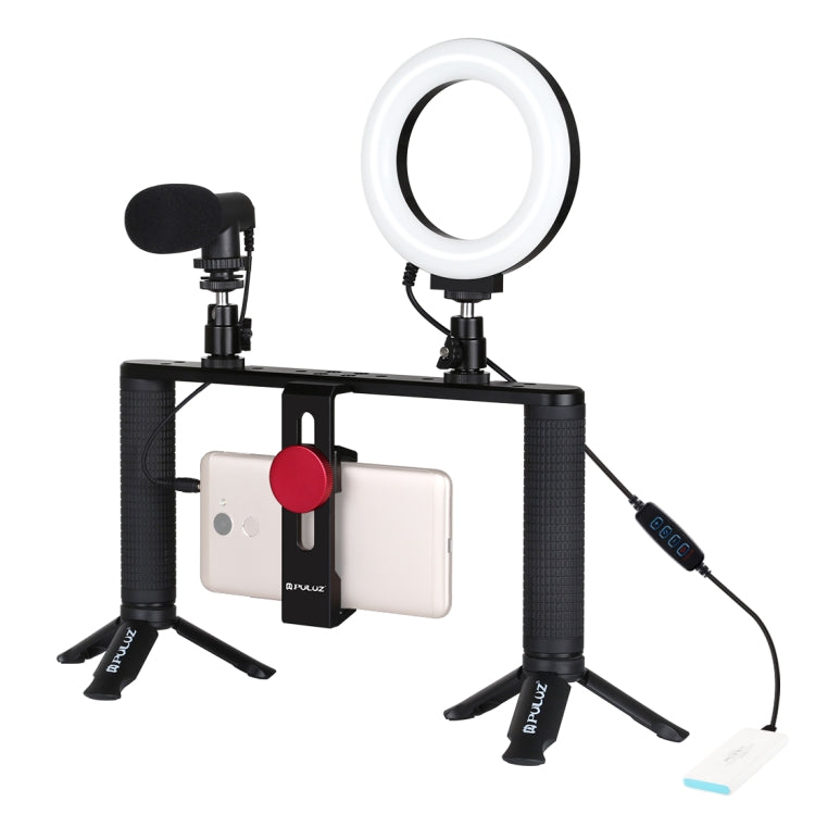 PULUZ 4 in 1 Vlogging Live Broadcast 4.7 inch 12cm Ring LED Selfie Light Smartphone Video Rig Handle Stabilizer Aluminum Bracket Kits with Microphone + Tripod Mount + Cold Shoe Tripod Head Eurekaonline