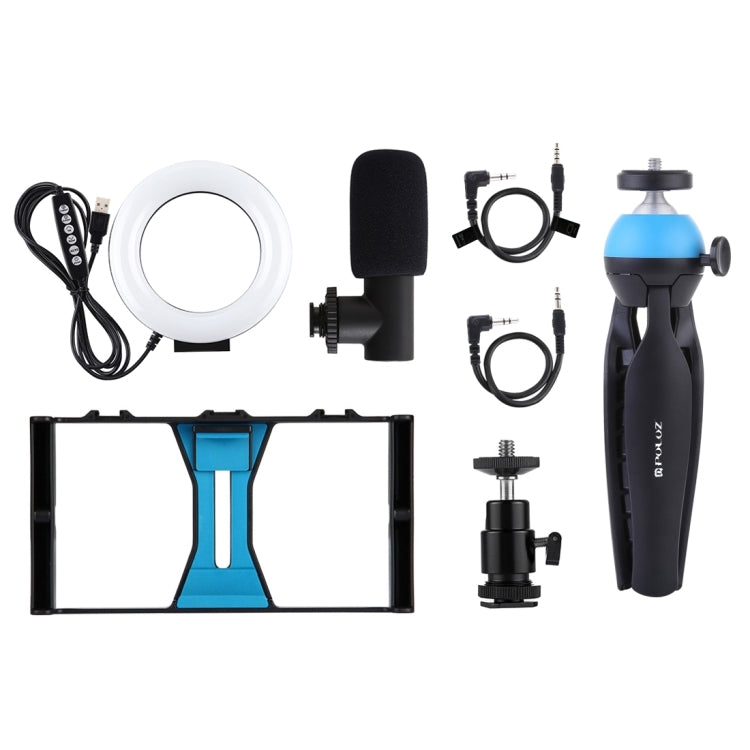 PULUZ 4 in 1 Vlogging Live Broadcast Smartphone Video Rig + 4.7 inch 12cm RGBW Ring LED Selfie Light + Microphone + Pocket Tripod Mount Kits with Cold Shoe Tripod Head(Blue) Eurekaonline